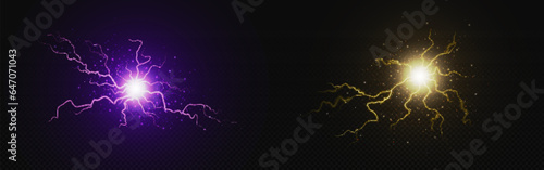 Electric lightning energy explosion ball vector. 3d thunder circle explosion light in golden yellow and purple. Thunderbolt crack glow effect. Abstract discharge isolated on transparent background.