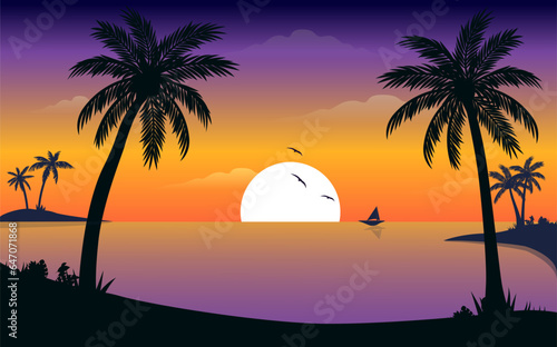 sunset beach with coconut trees boat clouds in the sky vector