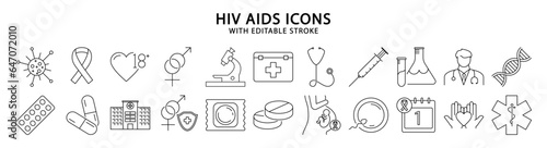 HIV AIDS icons. Set icon about HIV AIDS. HIV AIDS line icons. Vector illustration. Editable stroke.