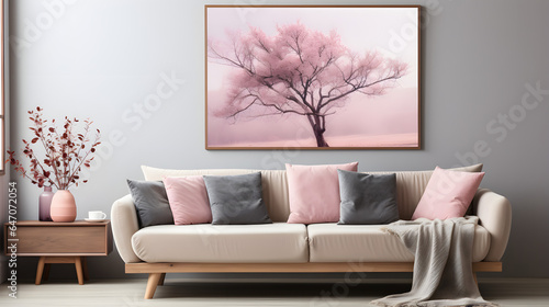 Grey sofa with pink pillows and blanket against white wall with abstract art poster. Interior design of modern living room photo