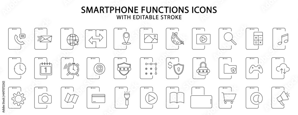 Smartphone icons. Set icon about smartphone functions. Smartphone line icons. Vector illustration. Editable Stroke.