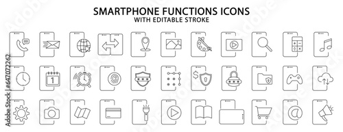 Smartphone icons. Set icon about smartphone functions. Smartphone line icons. Vector illustration. Editable Stroke.