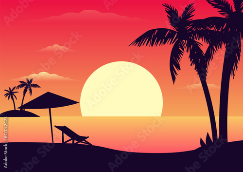 orange colorful palm tree beach sunset view vector design    