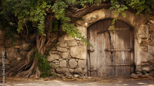Rustic Wooden Gate and Stone Wall Background