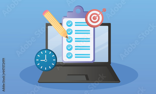 laptop computer Complete with checklist and pencil work management concept.on blue background.Vector Design Illustration.