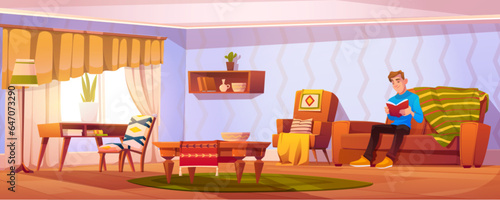 Man reading book of sofa in house living room vector background. Bohemian livingroom lounge interior with table, chair, couch and carpet inside retro flat with male character graphic illustration.