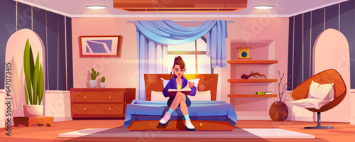 Young girl sitting on bed in bedroom reading book. Cartoon home interior - bright and cozy room flooded with sunlight with wooden furniture, window with curtains, decor on shelves and plant in pot
