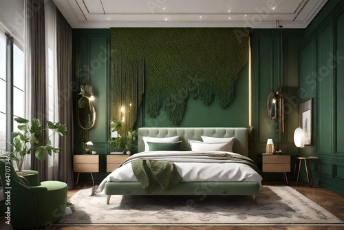  3D rendering of a rustic, bohemian-inspired bedroom. Showcase a green wall adorned with a macramé decoration, a comfortable bed, and eclectic decor that exudes warmth and character.