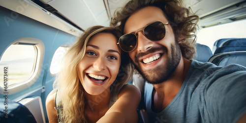 Happy tourists taking selfie inside airplane - Cheerful couple on summer vacation - Passengers boarding on plane - Holidays and transportation concept © sam
