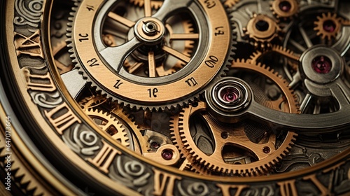 Inside a clock. Gears, cogs, watch mechanism. Mechanical metal machine. Industrial vintage parts. Engineering time.