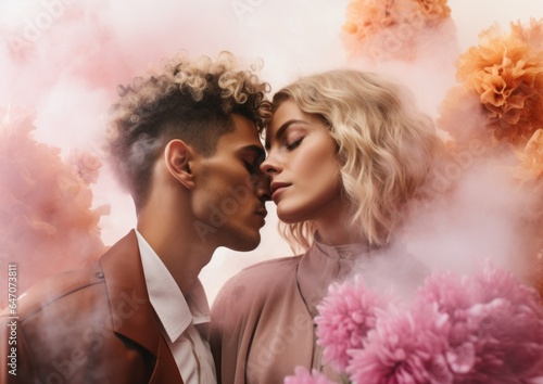 Beautiful romantic portrait of couple posing in an autumn setting surrounded by smoke leaves bubbles flowers. Fall season fashion outfit and style. Copy space text greeting card. Muted pastel colors.