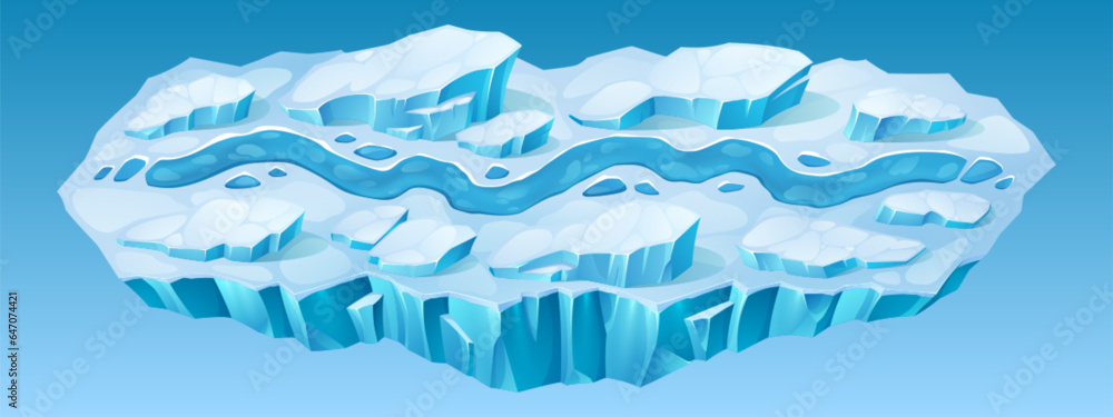 Fototapeta premium Winter ui mobile game map level road cartoon background with snow. Ice ground race template for online adventure app interface. Frozen world platform asset with track environment vector design
