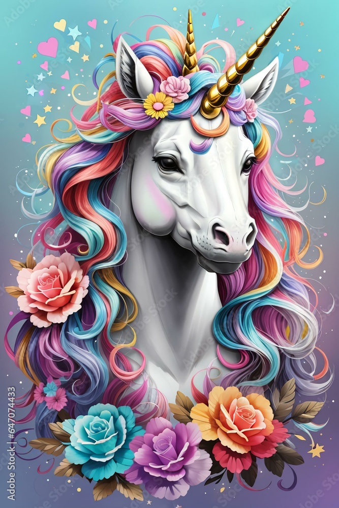 Unicorn with rainbow mane and flowers. Vector illustration.	
