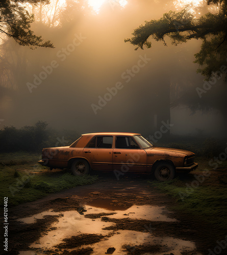 Rusty Old Generic Car In A Foggy Field