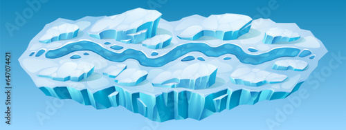 Winter ui mobile game map level road cartoon background with snow. Ice ground race template for online adventure app interface. Frozen world platform asset with track environment vector design