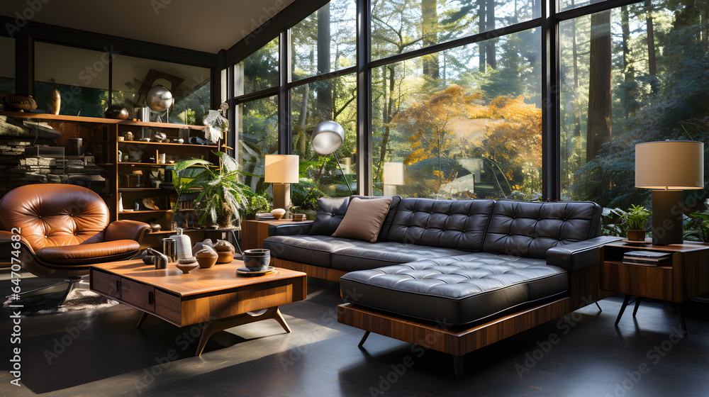 Mid-century style home interior design of modern living room. Accent coffee table near black tufted sofa against windows Mid-century style home interior design of modern living room. Accent coffee table near black tufted sofa against windows