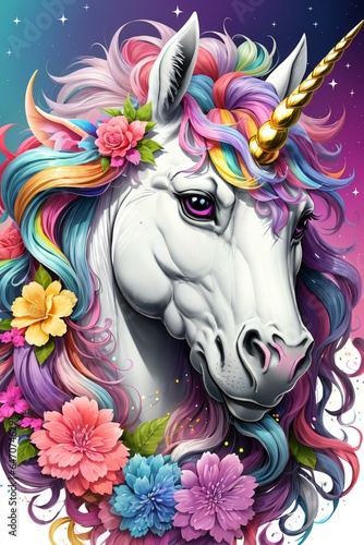 Unicorn with rainbow mane and flowers. Vector illustration. 