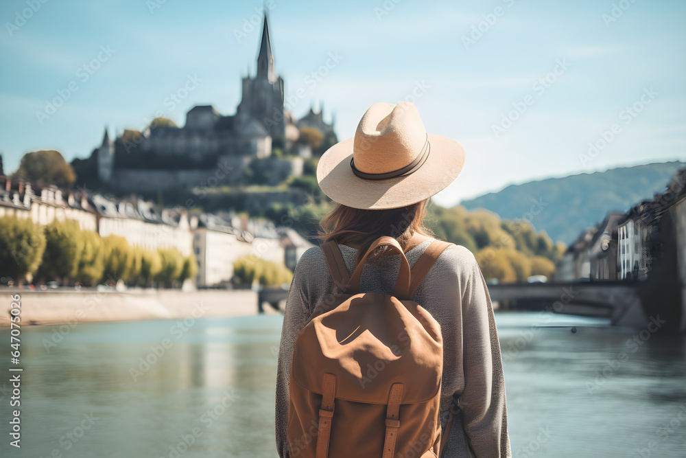 Back view of Tourist woman with hat and backpack at vacation in France, Wanderlust concept