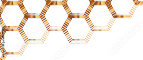 Modern hexagon vector illustration, geometric background with gold hexagon and striped line with a transparent background.