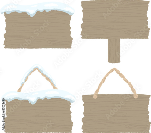 Snow covered wooden sign set, textured colored pencil hand drawn illustration / 雪が積もった木の看板セット、テクスチャのある色鉛筆の手描きイラスト