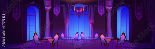 Castle banquet or ball room at night - royal interior with big windows with curtains, dining tables and chairs, columns and chandelier with burning candles. Cartoon vector large king hall in evening.