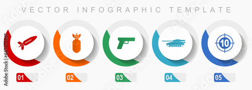 War icon set, miscellaneous icons such as missle, bomb, gun, tank and target, flat design vector infographic template, web buttons in 5 color options
