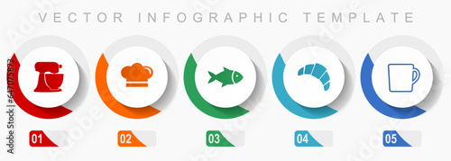 Cooking icon set, miscellaneous icons such as mixer, chef hat, fish, cake and cup, flat design vector infographic template, web buttons in 5 color options