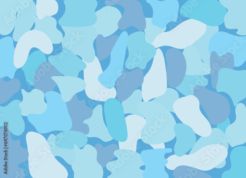 Background of irregularly shaped amorphous liquid, colored spots of organic liquid. Abstract spots in blue shades. Flat design, vector. Vector illustration