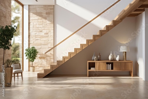 modern minimalist scandinavian entrance hall with staircase and light natural materials
