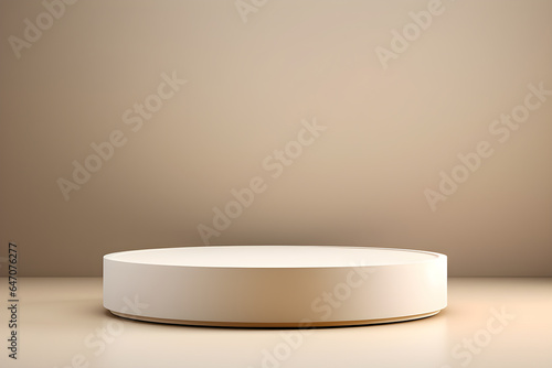 Round pastel cream colored podium. 3d light color cream color cylinder podium Display for beauty products. Minimalist mockup for podium display or showcase. 3D rendering