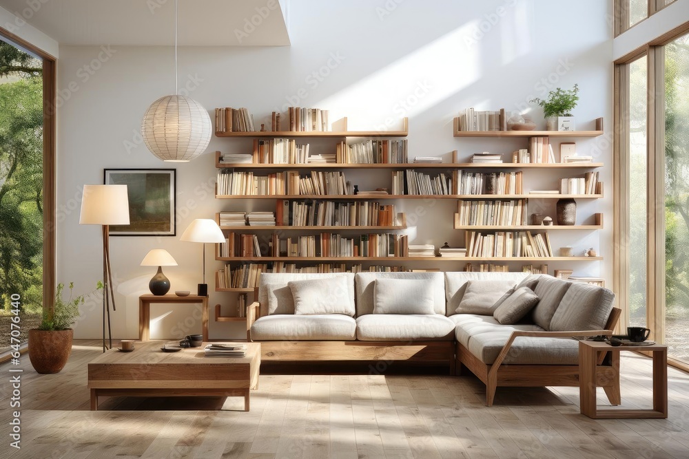 modern minimalist scandinavian library with light natural materials