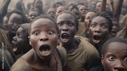 A group of Africans at a rave, running away, choosing a consort, extreme close-up, Kenya. photo