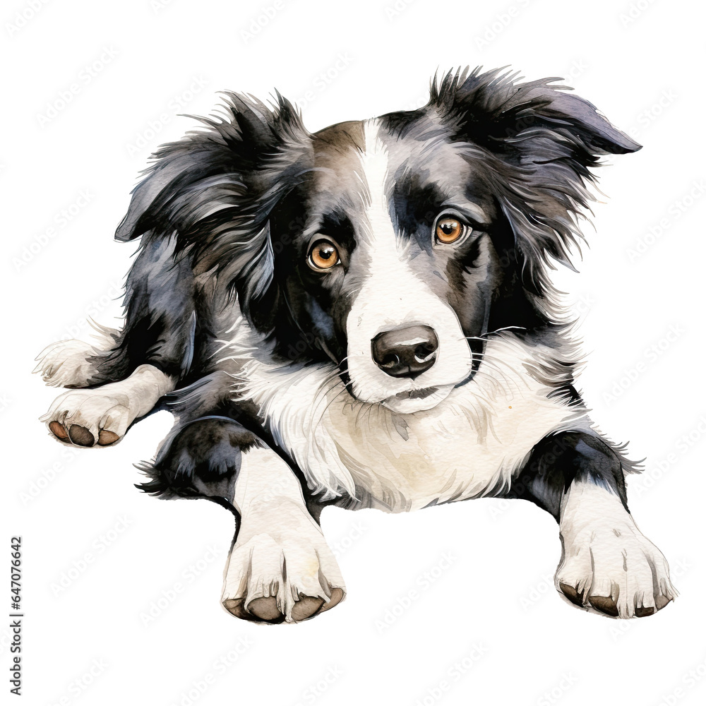 Fototapeta premium Lying Border Collie dog watercolor clipart on transparent background. Generative AI illustration