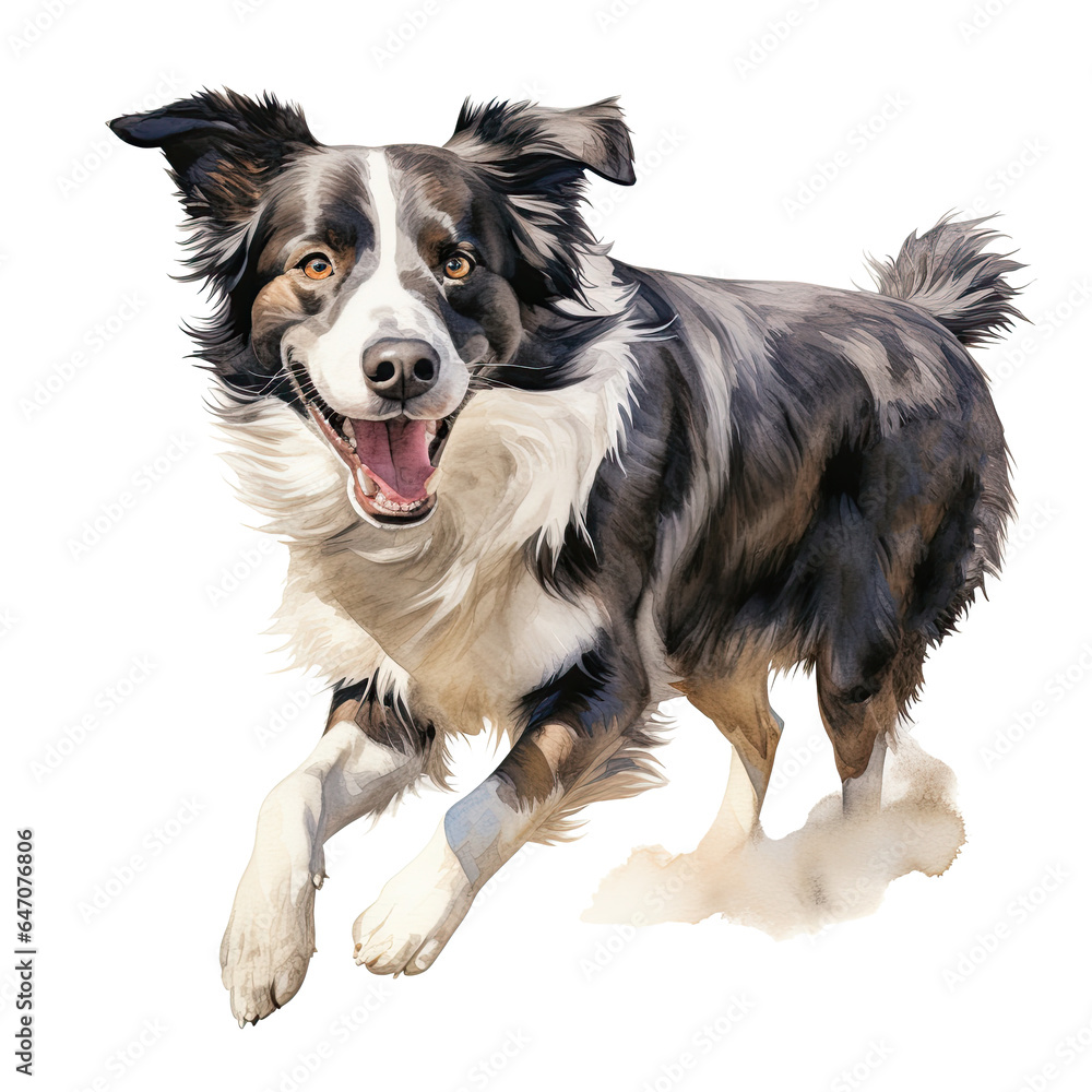 Running Border Collie dog watercolor clipart on transparent background. Generative AI illustration