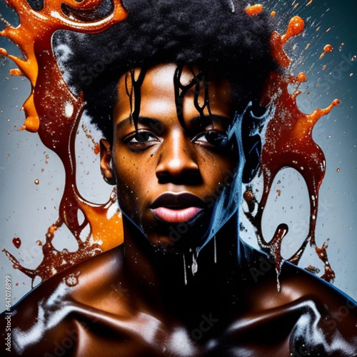 Abstract expressionist drip technique artwork of a handsome young black man.  Generative AI