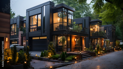 Modern modular private black townhouses. Residential architecture exterior. © master graphics 