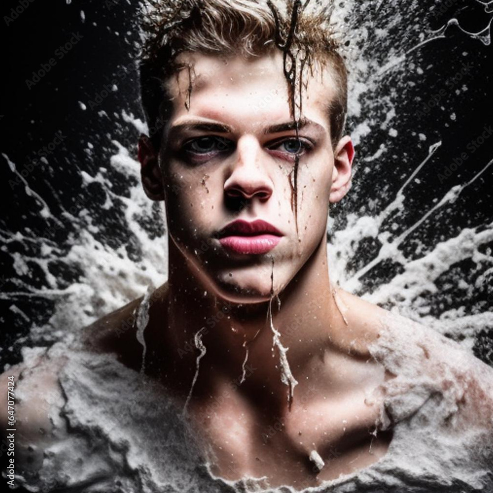 Fototapeta premium Abstract expressionist drip technique artwork of a handsome young man. Generative AI