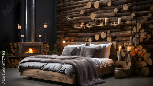 Natural log lampshade near bed. Rustic interior design of modern bedroom