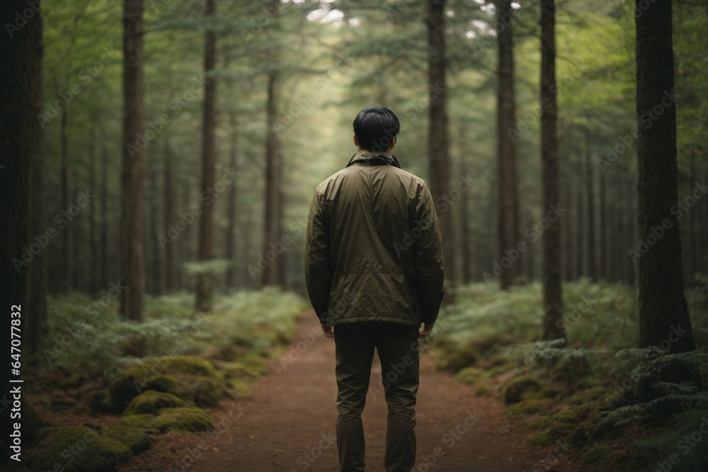 Fototapeta premium Rear view of a man explore the green forest.