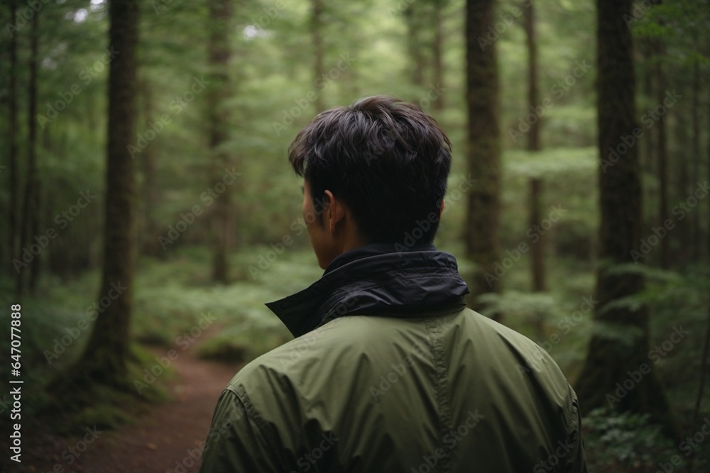 Rear view of a man explore the green forest.