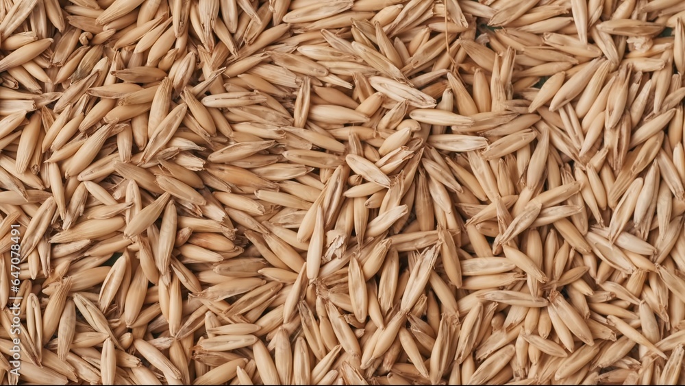 Closeup shot of many dried wheat grains background. Advertising area, template.