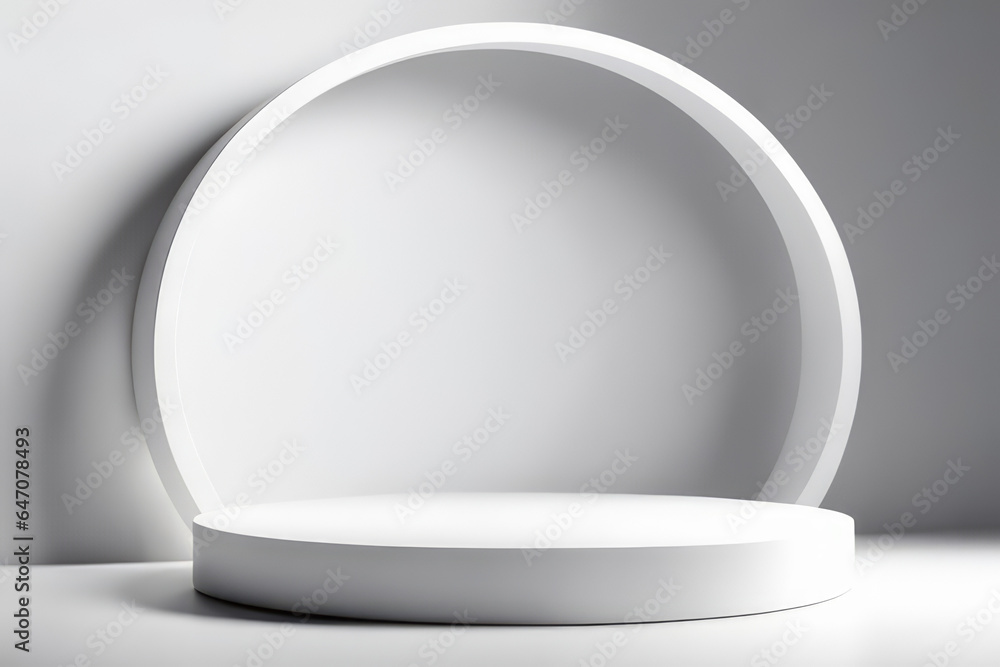 White background for product presentation, there is a circular pedestal with beautiful lights and shadows. White background for product presentation, there is a circular pedestal with beautiful lights and shadows.