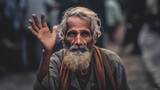 A sad homeless man is sitting on the street, waving his hand.