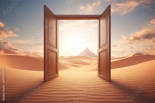 3d illustration Opened door on the desert. Unknown and start-up concept