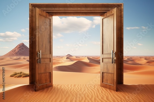 3d illustration Opened door on the desert. Unknown and start-up concept © JetHuynh