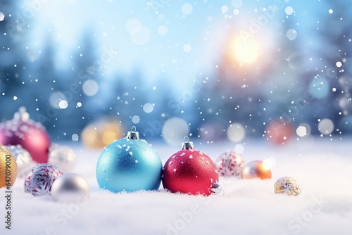 colorful Christmas balls scattered in the snow, realistic style, with snowflake decorations