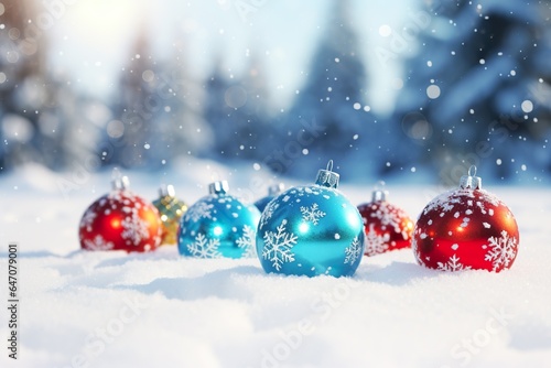 colorful Christmas balls scattered in the snow, realistic style, with snowflake decorations