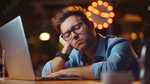 Stressed business man sitting at office workplace. Tired and overworked student man.