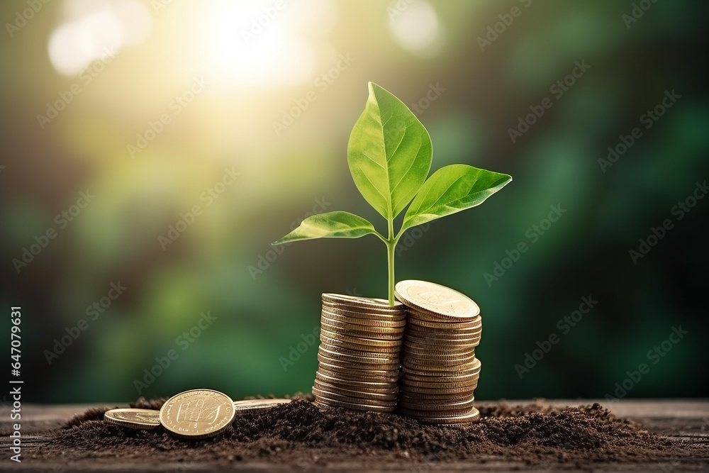Coin with plant invest money concept, Green environment concept, sunrise, grow your money step by step - obrazy, fototapety, plakaty 