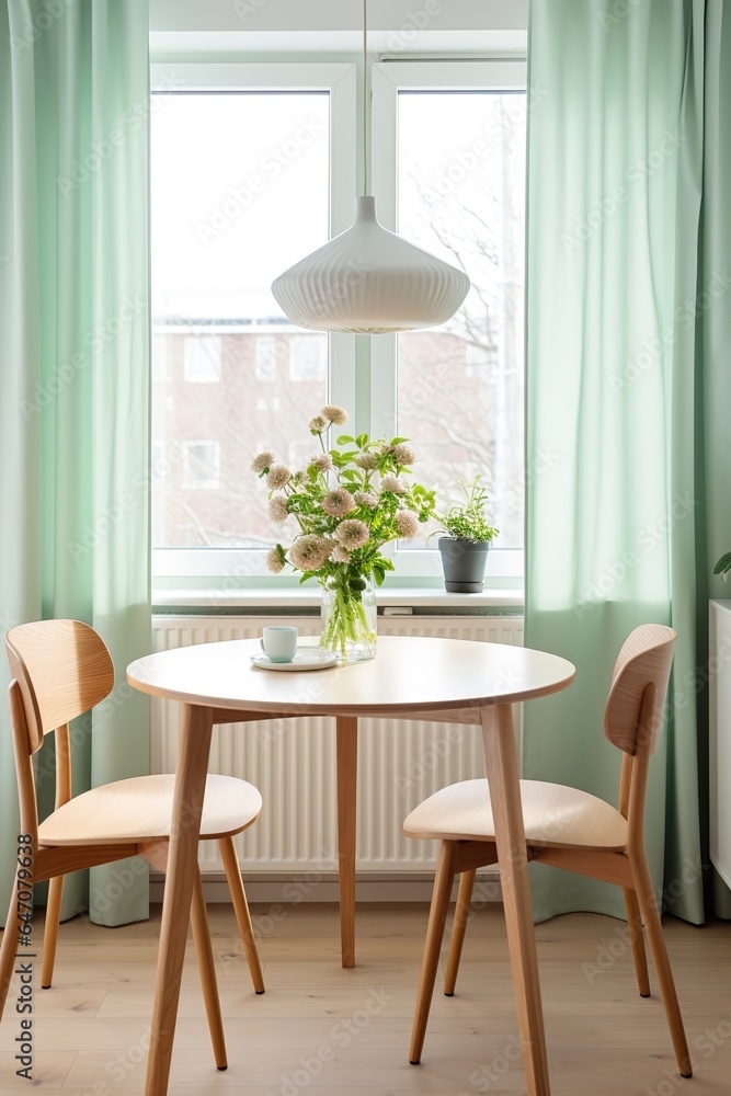 Mint color chairs at a round wooden dining table against the window dressed with light green and white curtains. Scandinavian interior design Mint color chairs at a round wooden dining table against the window dressed with light green and white curtains. Scandinavian interior design